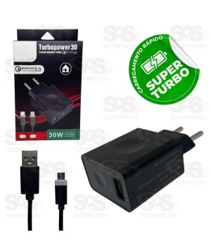 Carregador Turbo Preto 30W Com Cabo Micro USB V8 Altomex 7092 7072
