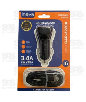 Carregador Veicular 2 USB 3.4A Com Cabo Iphone Inova CAR-3220A