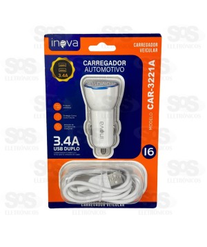 Carregador Veicular Com Cabo Iphone 3.4A 2 USB Inova CAR-3221A
