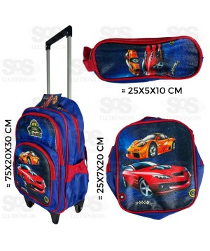 Mochila Infantil GG Com Estojo e Lancheira 3D Carros Speed FUK367