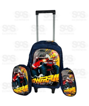 Mochila Infantil GG Com Estojo e Lancheira Carro Monstro FUK293