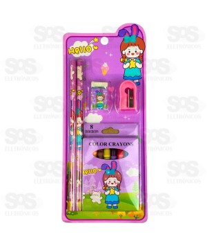 Kit Escolar 12 Peças Com Giz De Cera Polibrinq SCB65