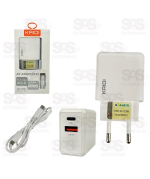 Carregador USB 3.0 + PD 20W Com Cabo Type C Kaidi KD-670CC