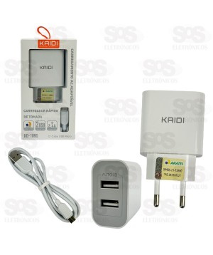 Carregador 2 USB 2.4A Com Cabo Micro USB V8 Kaidi KD-109S