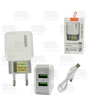 Carregador 2 USB 2.4A Com Cabo Type C Kaidi KD-301C