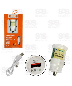 Carregador Veicular Com Cabo Type C USB 3.0 18W Kaidi KD-501C