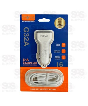 Carregador Veicular Com Cabo Iphone 5.1A 3 USB Inova G32A