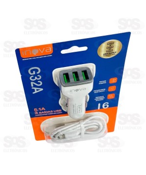 Carregador Veicular Com Cabo Iphone 5.1A 3 USB Inova G32A
