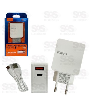 Carregador USB+TPC 40W QC 3.0 Com Cabo Type C Inova CAR-3134C