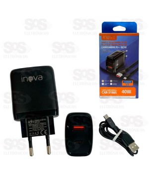 Carregador USB+PD 40W Com Cabo Micro USB V8 Inova CAR-3186S