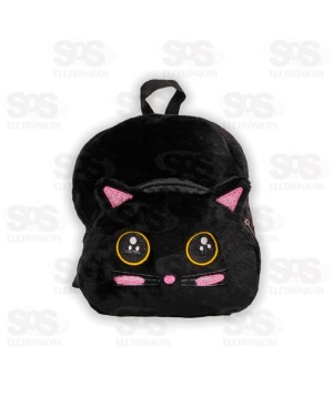 Mini Mochila Escolar Pelúcia Gatinho Preto Polibrinq SCB116
