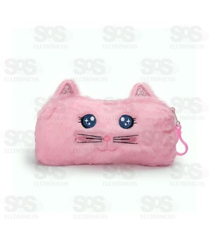 Estojo Escolar Pelúcia Gato Rosa Polibrinq SCB132