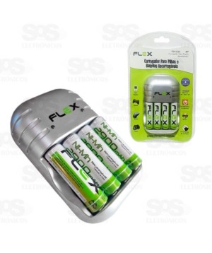 Carregador Com 4 Pilhas AA Recarregáveis Flex FX-C03 4P