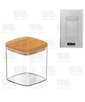 Pote Acrílico Quadrado Com Tampa De Bambu 850ML TOP1055
