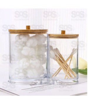 Porta Cotonete e Algodão Duplo Tampa de Bambu Top Útil 1648