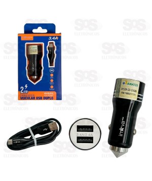 Carregador Veicular 2 USB 3.4A Cabo Type C Inova Prime KV-GL01C