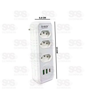 Adaptador 3 Tomadas Com USB e Type C B-Max BM-8702A