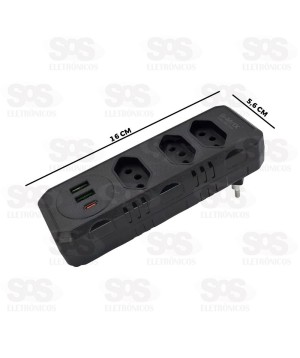 Adaptador 3 Tomadas Com USB e Type C B-Max BM-8702B