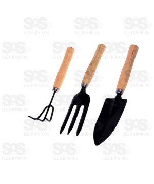 Kit  Jardim Com Pá Garfo e Rastelo Cabo Madeira Ivon 3053