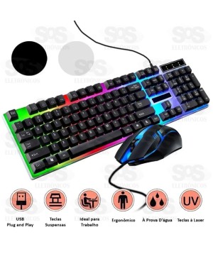 Kit Teclado e Mouse Gamer Com Fio LED RGB Eletromex EL-2112