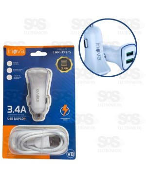 Carregador Veicular 2 Portas USB 3.4A Cabo Micro USB V8 Inova CAR-3217S