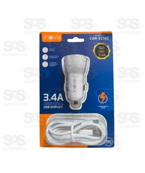 Carregador Automotivo 3.4A Com 2 USB  Cabo Type-C Inova CAR-3216C