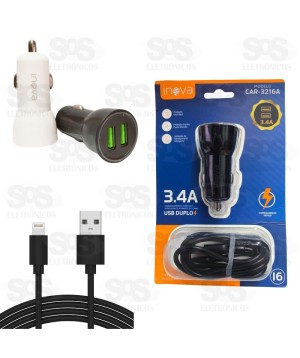 Carregador Veicular 2 USB 3.4A Cabo Iphone Inova CAR-3216A