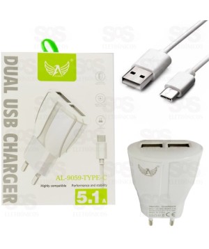 Carregador Type C Com 2 Portas USB 5.1A Altomex al-9059C